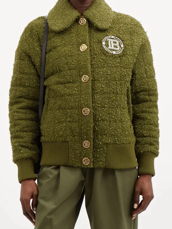 BALMAIN CRYSTAL LOGO QUILTED TWEED JACKET