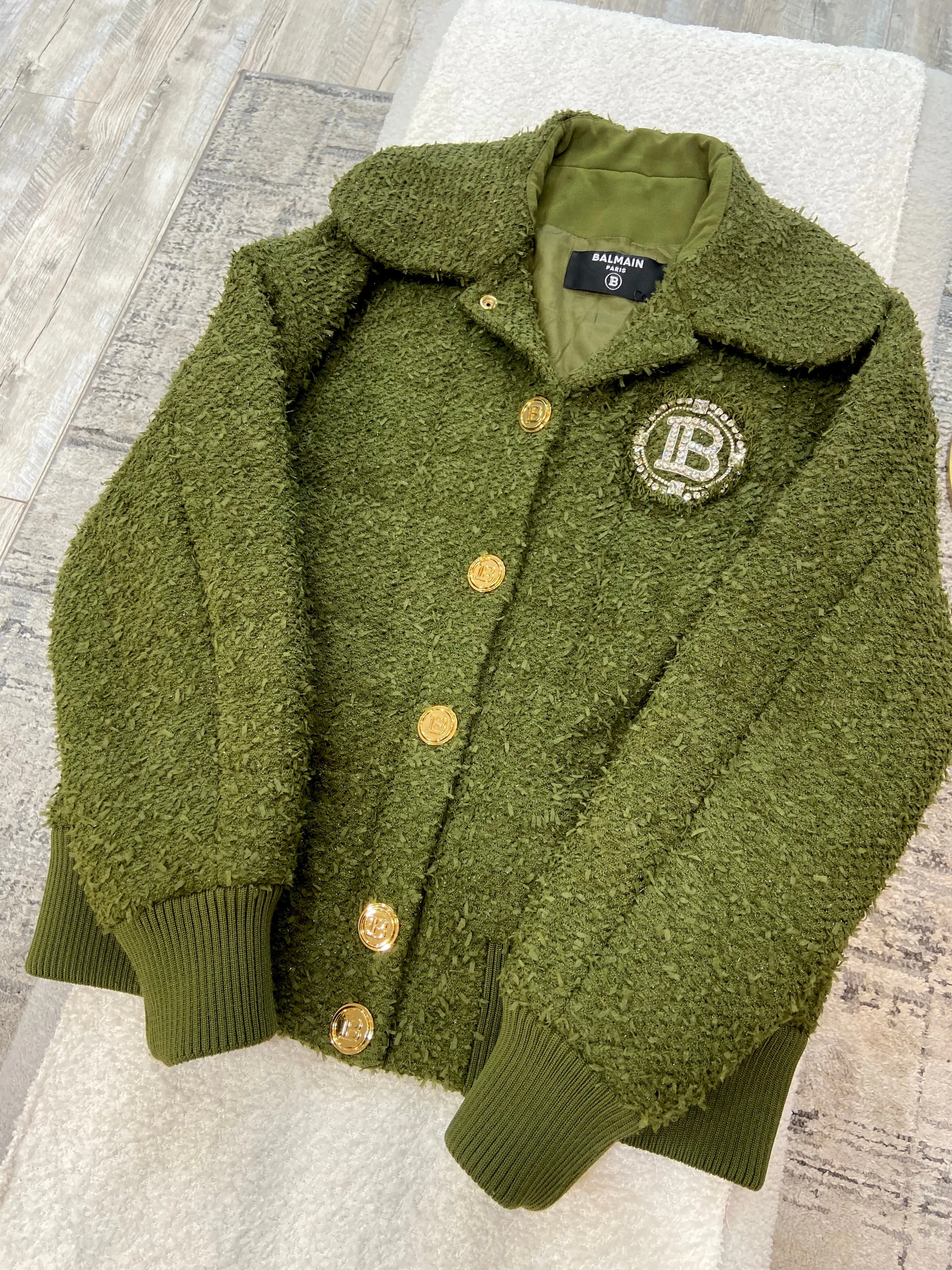 BALMAIN CRYSTAL LOGO QUILTED TWEED JACKET