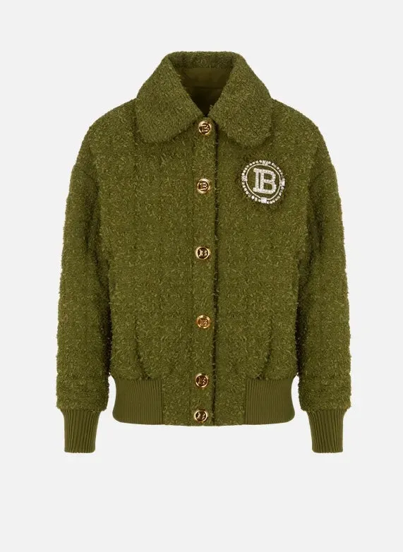 BALMAIN CRYSTAL LOGO QUILTED TWEED JACKET