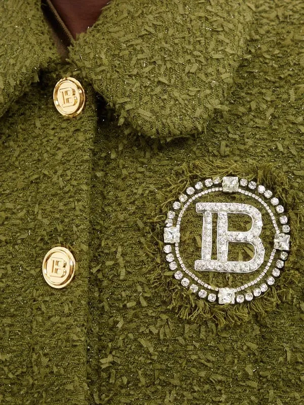 BALMAIN CRYSTAL LOGO QUILTED TWEED JACKET