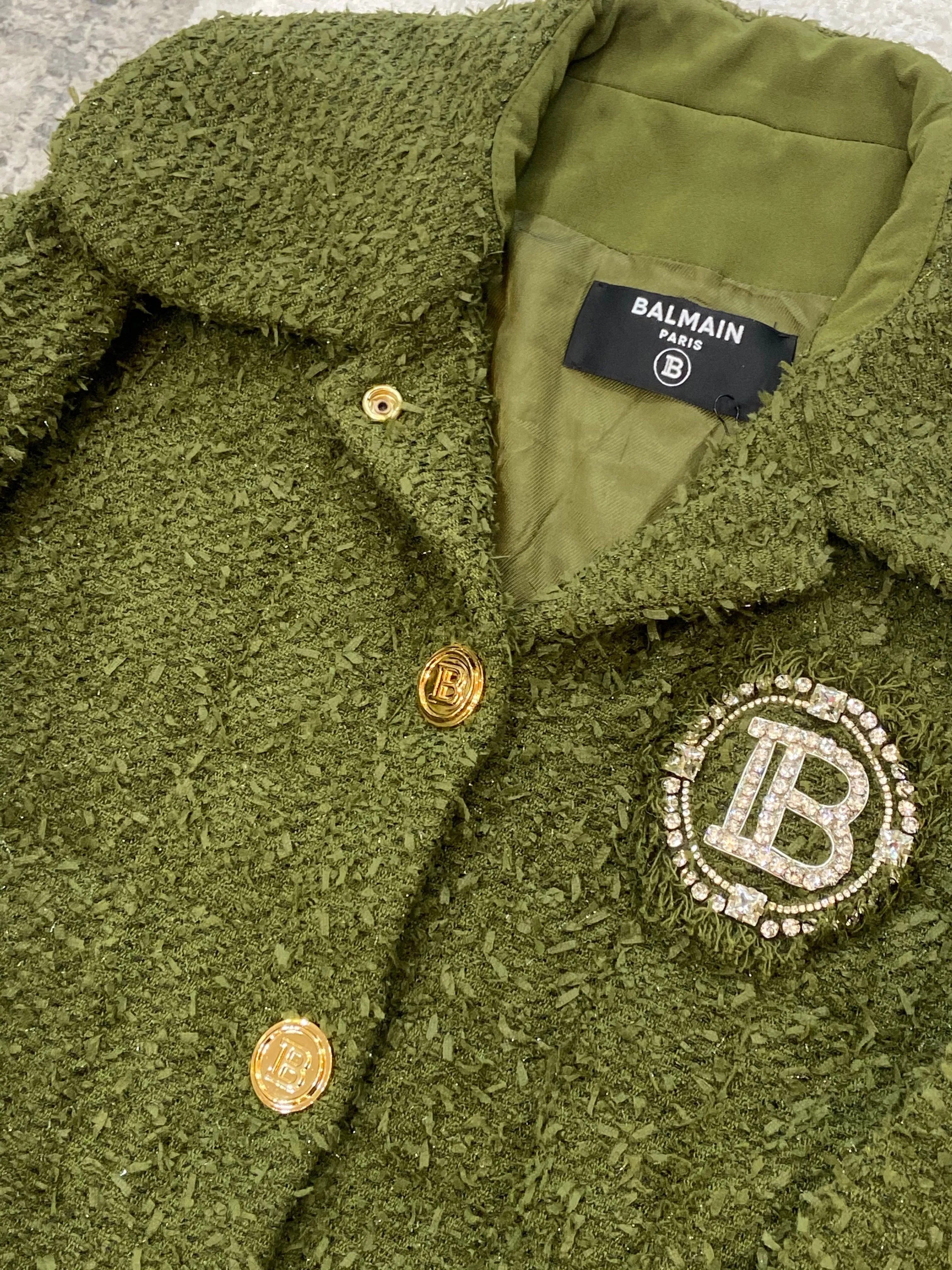 BALMAIN CRYSTAL LOGO QUILTED TWEED JACKET
