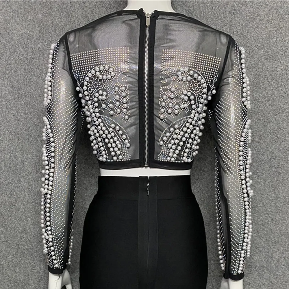 Beading Mesh Sleeve Tank Top