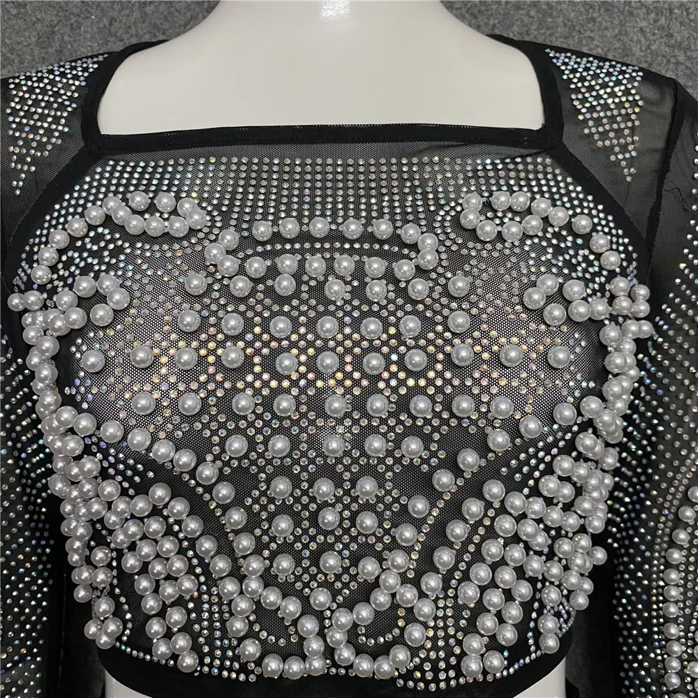 Beading Mesh Sleeve Tank Top