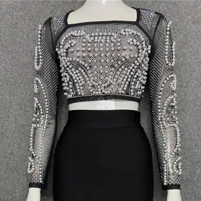 Beading Mesh Sleeve Tank Top
