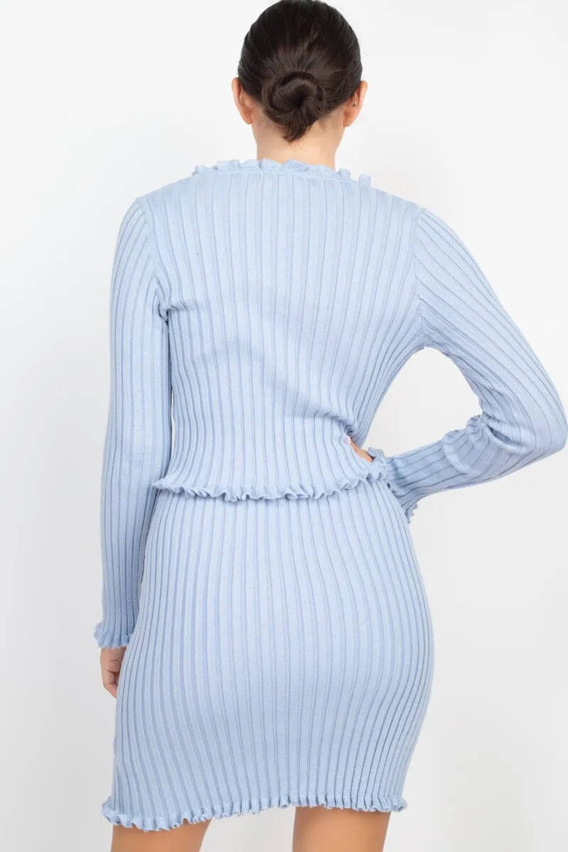 Dusty Blue Ruffle Trim Long Sleeve Front Button V Neck Sweater Cardigan Crop Top_