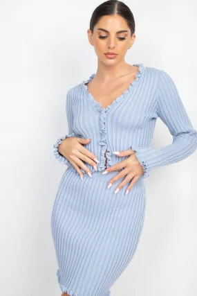 Dusty Blue Ruffle Trim Long Sleeve Front Button V Neck Sweater Cardigan Crop Top_