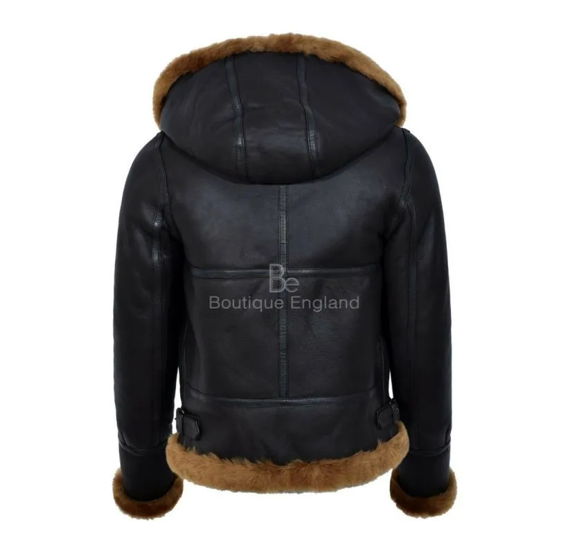 ERIN Women's Sheepskin Hooded Jacket Detachable Hoodie Shearling Jacket