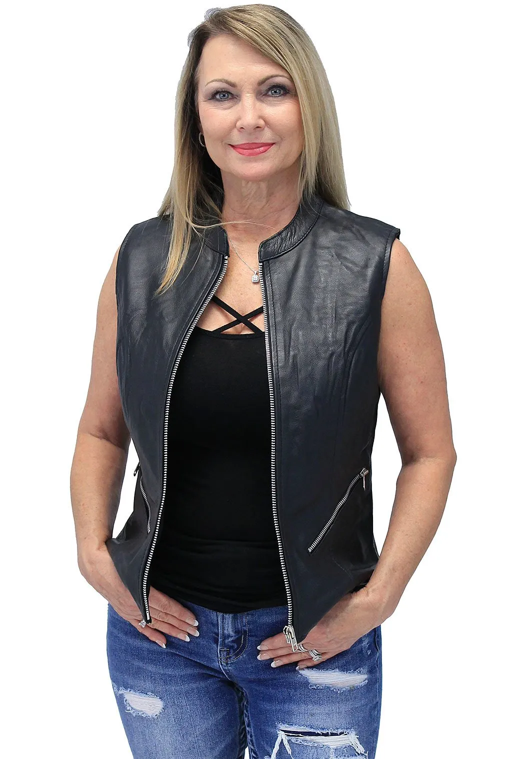 Lambskin Zip Front Long Leather Vest #LS6884ZK ()