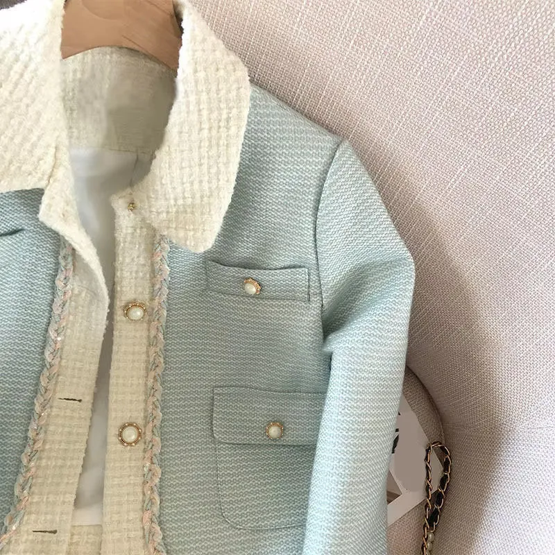 Long Sleeve Turn Down Collar Cropped Tweed Jacket