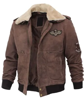 Men Brown Leather Bomber Aviator Shearling Jacket with Removable Collar
