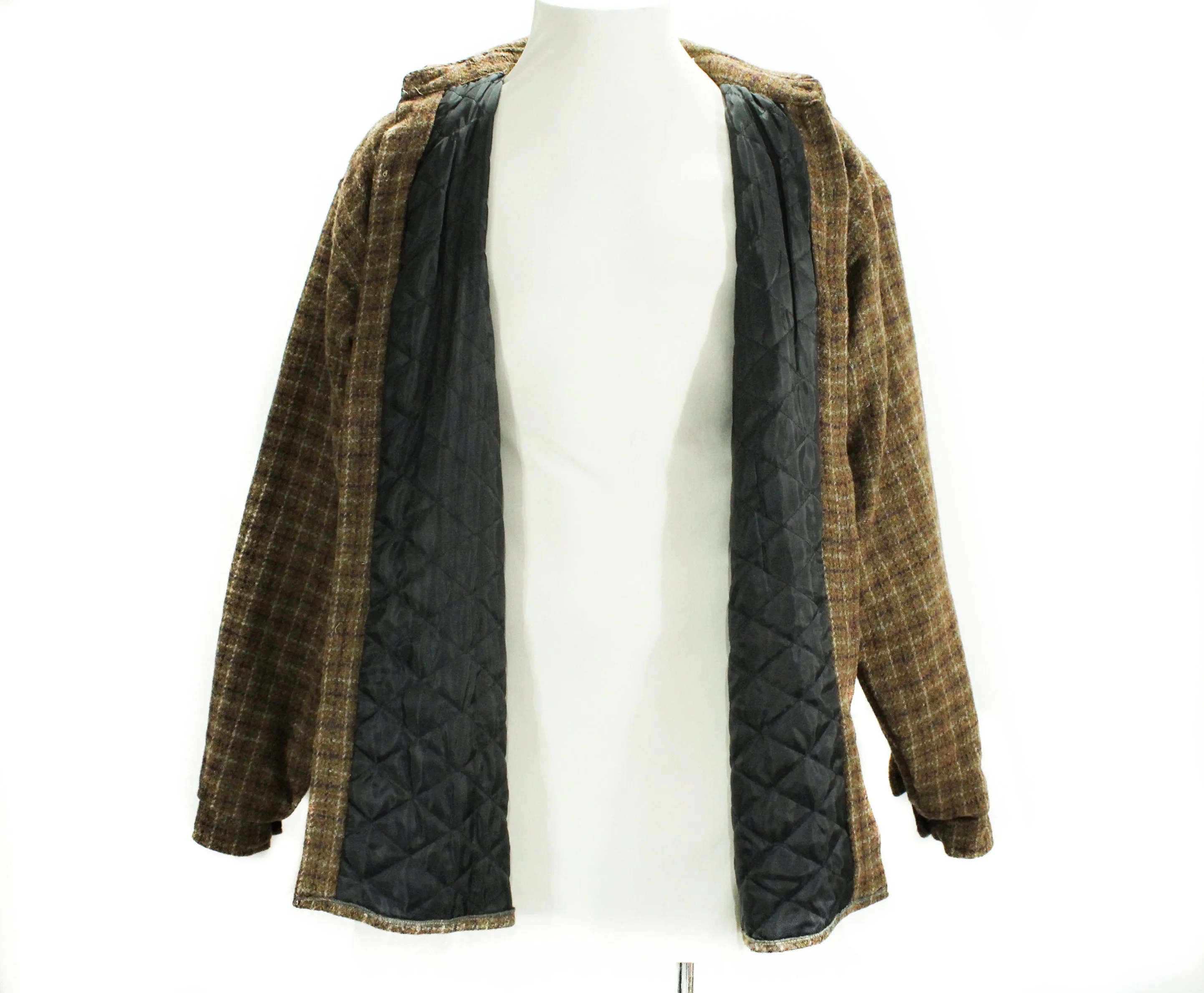 Men's Large Wool Shirt Jacket - 1950s 60s Sage Brown Tweed Men's Long Sleeve Plaid Lumberjack - Quilted Lining - Fall Winter - Chest 46