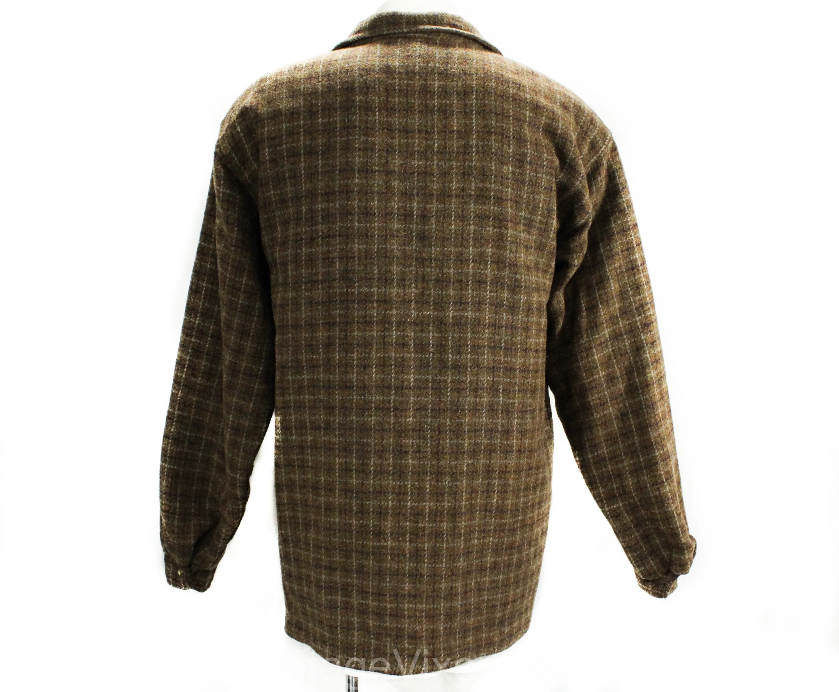 Men's Large Wool Shirt Jacket - 1950s 60s Sage Brown Tweed Men's Long Sleeve Plaid Lumberjack - Quilted Lining - Fall Winter - Chest 46