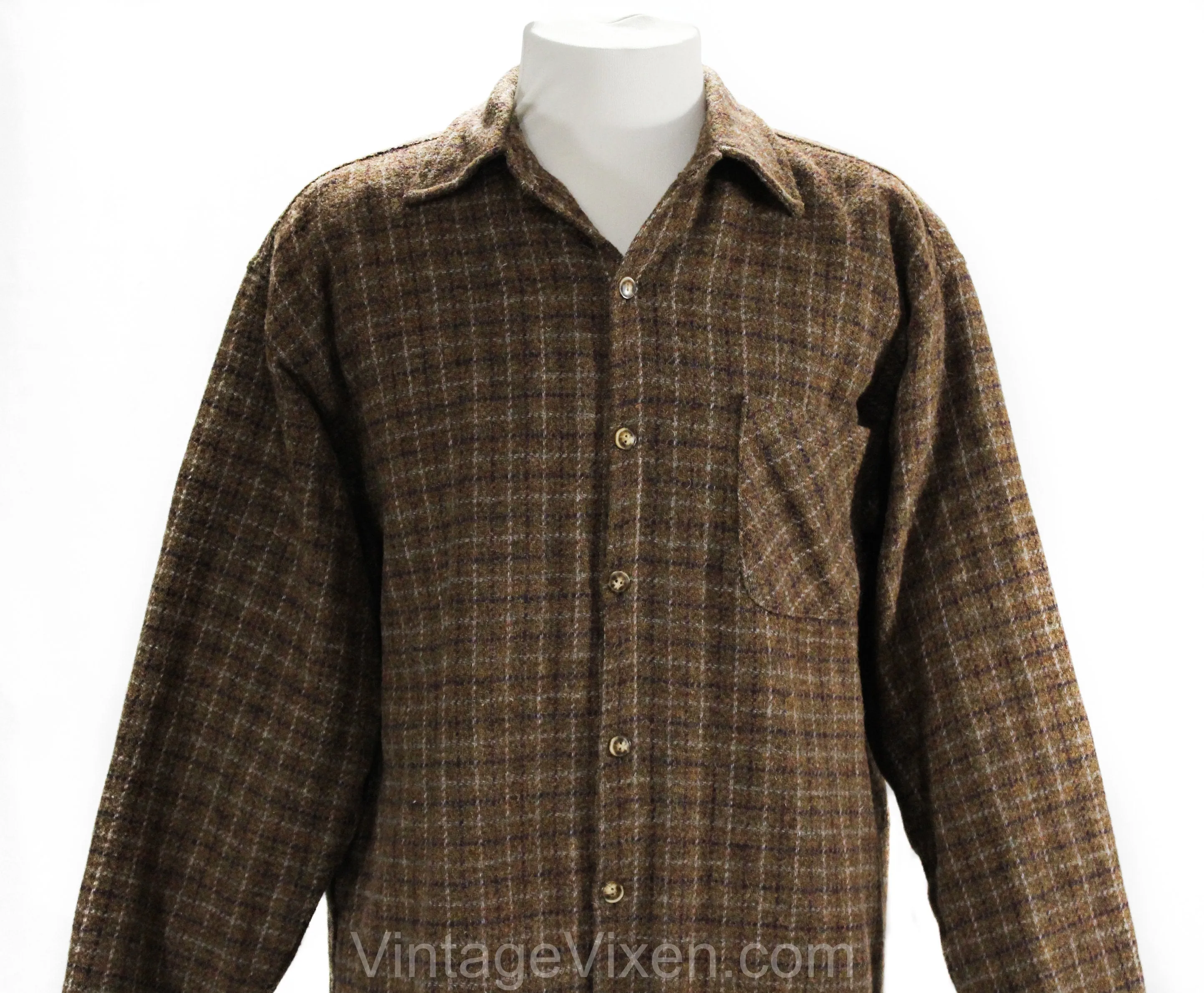 Men's Large Wool Shirt Jacket - 1950s 60s Sage Brown Tweed Men's Long Sleeve Plaid Lumberjack - Quilted Lining - Fall Winter - Chest 46