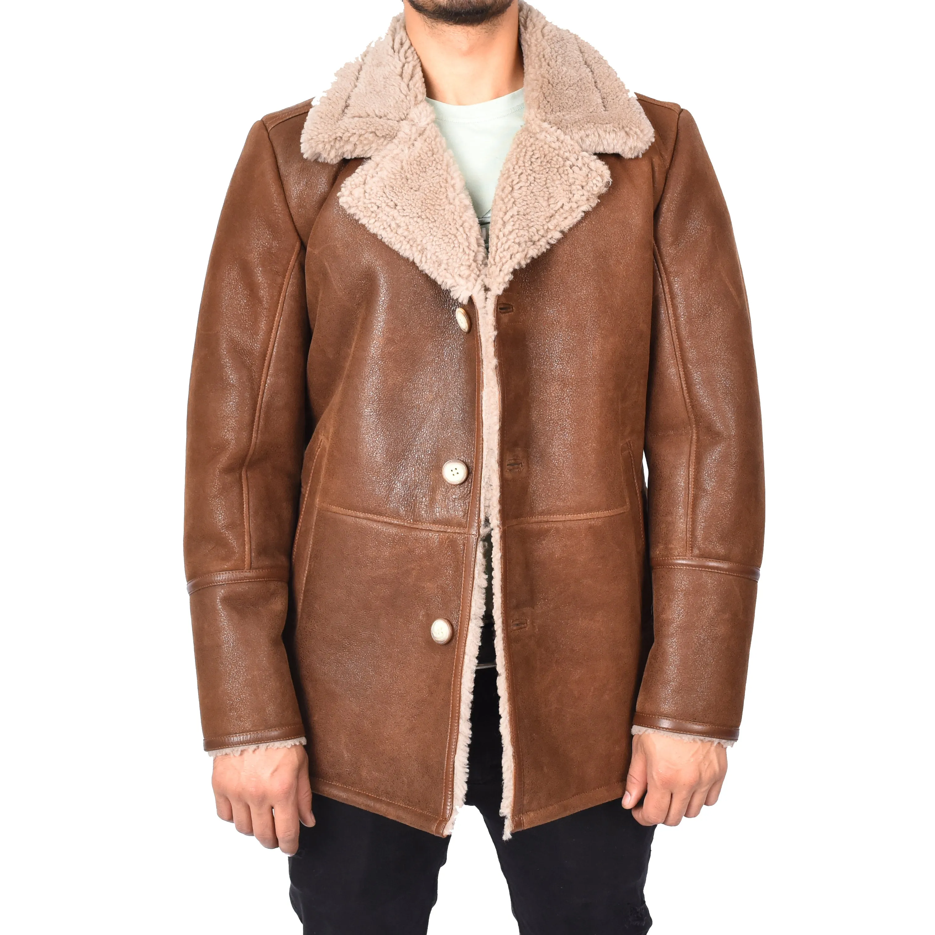 Mens Retro Genuine Sheepskin Leather Crombie Coat Mikael Brown