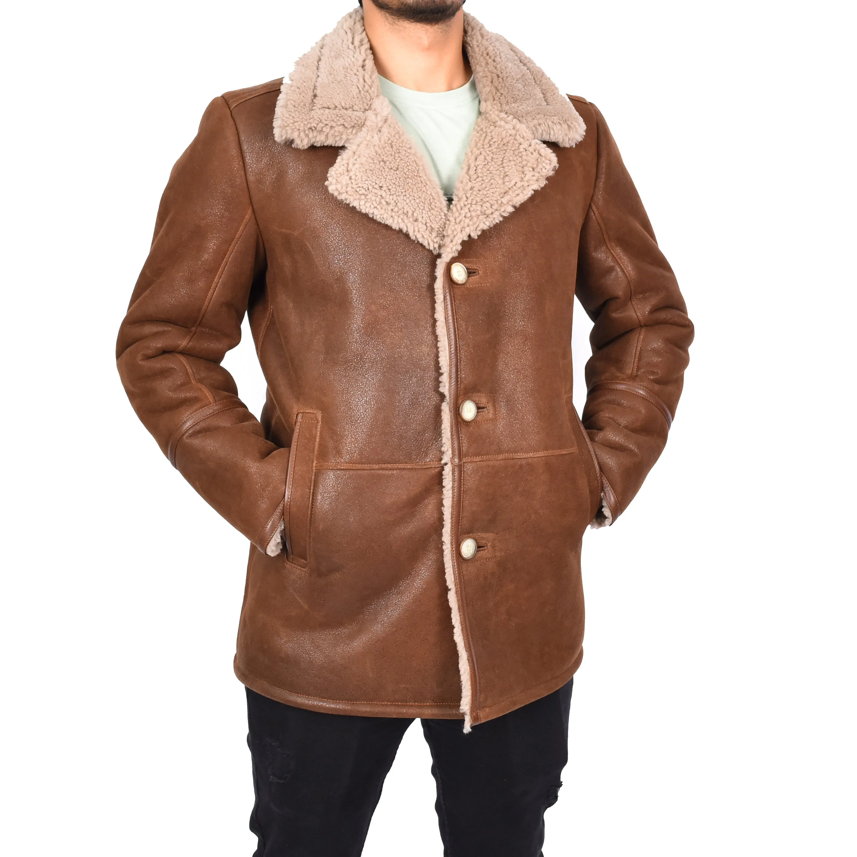 Mens Retro Genuine Sheepskin Leather Crombie Coat Mikael Brown