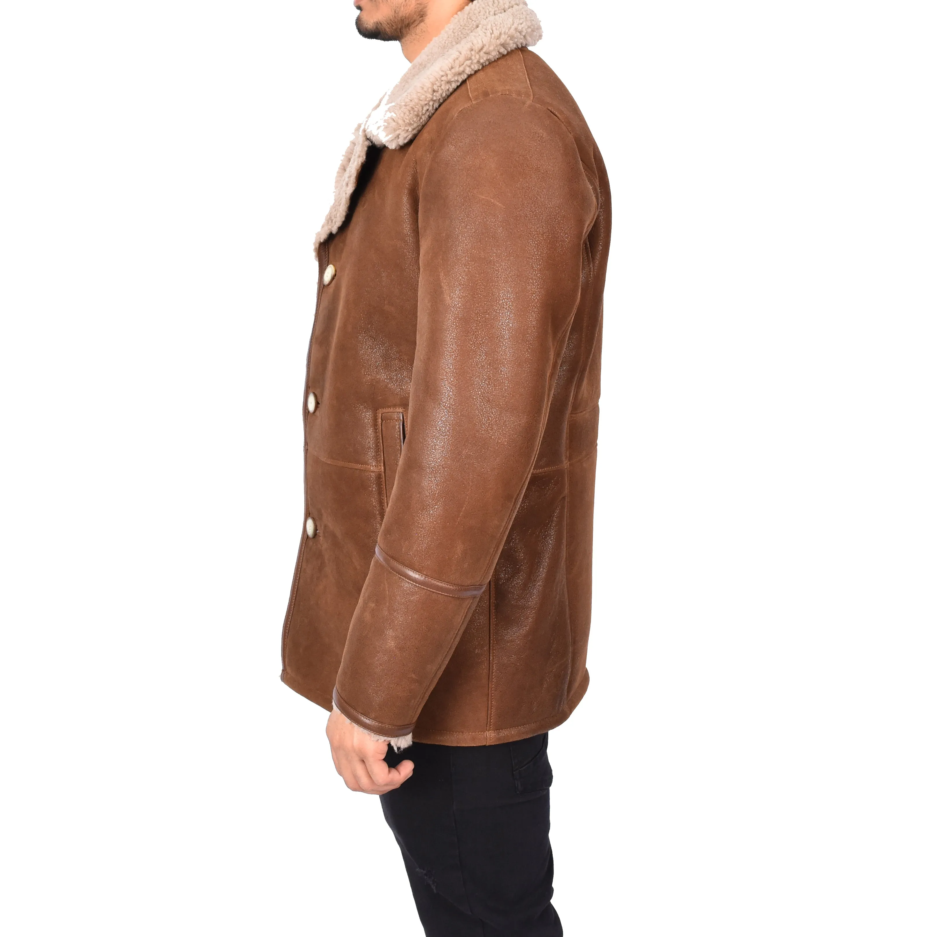 Mens Retro Genuine Sheepskin Leather Crombie Coat Mikael Brown