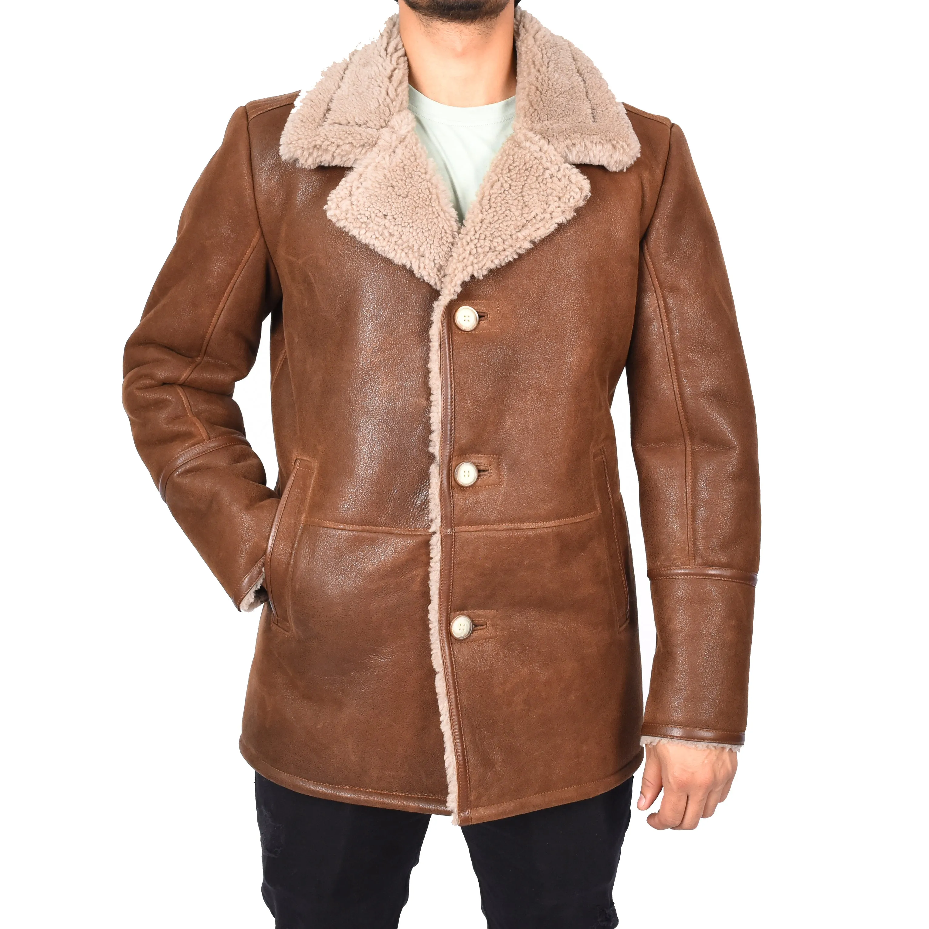 Mens Retro Genuine Sheepskin Leather Crombie Coat Mikael Brown