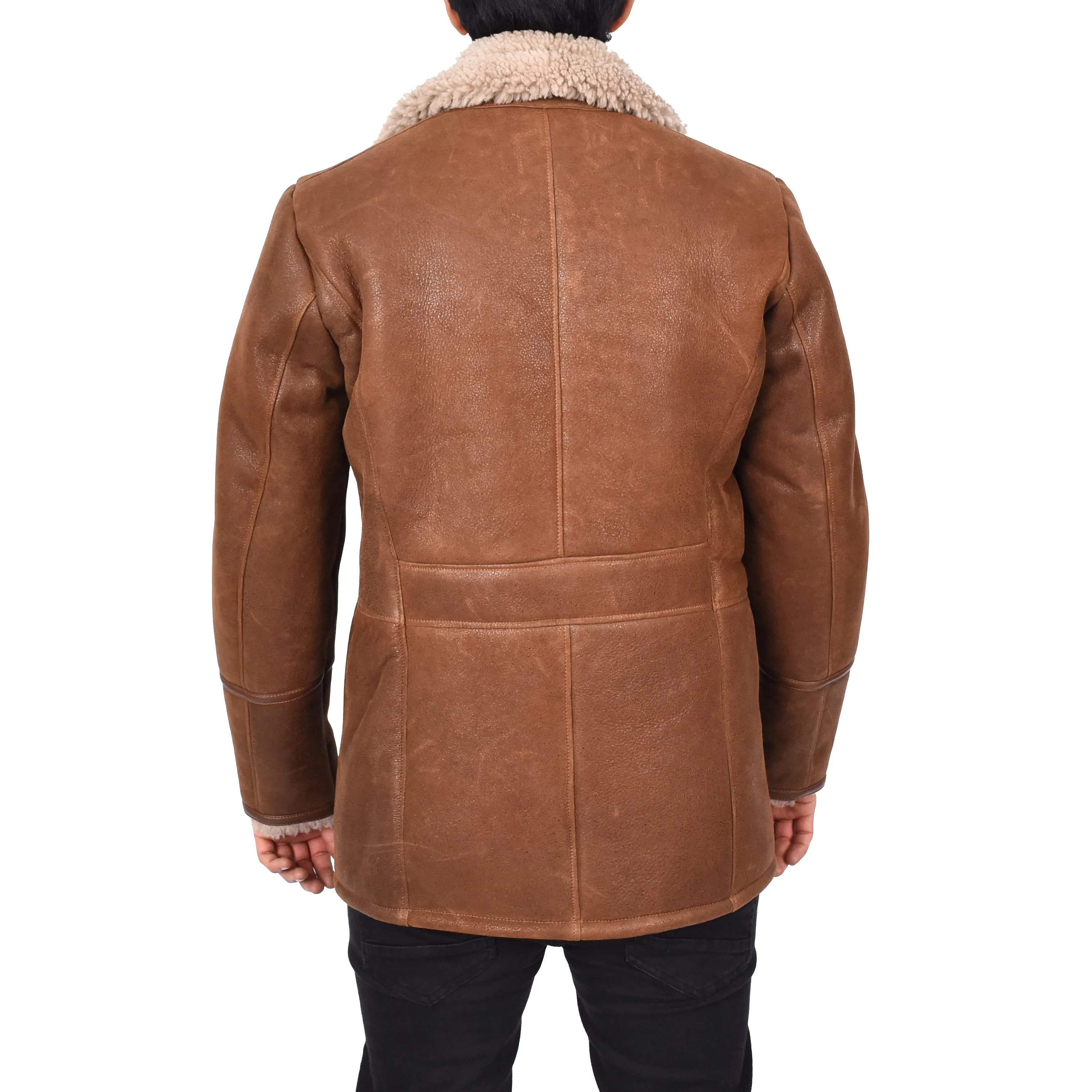 Mens Retro Genuine Sheepskin Leather Crombie Coat Mikael Brown