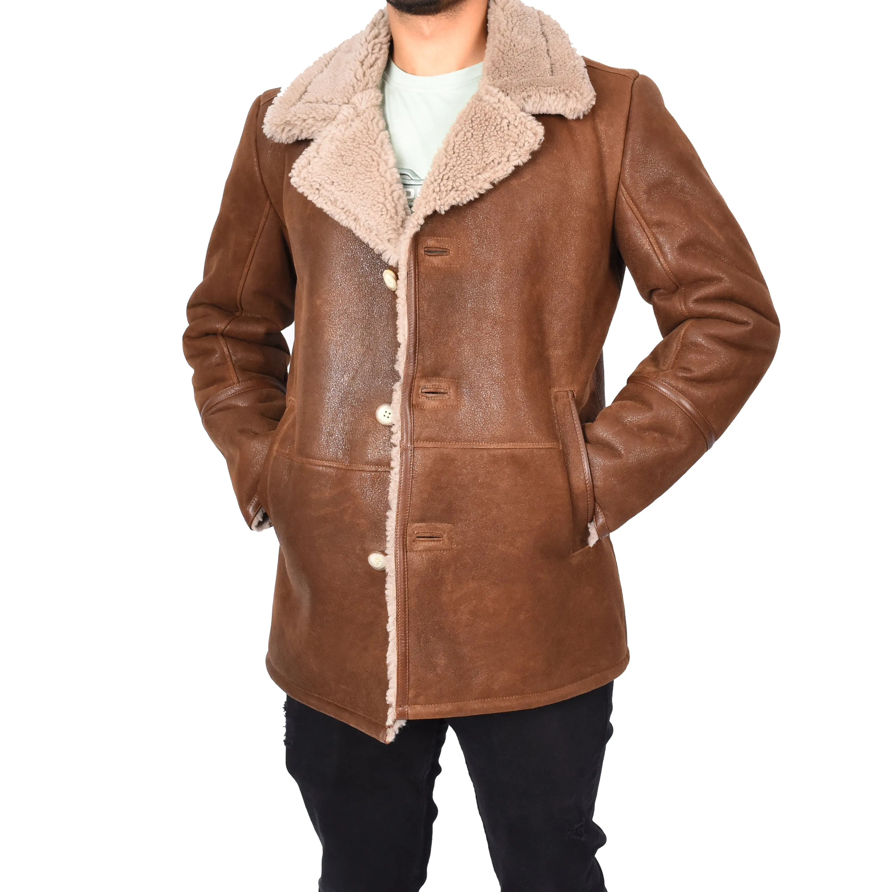 Mens Retro Genuine Sheepskin Leather Crombie Coat Mikael Brown