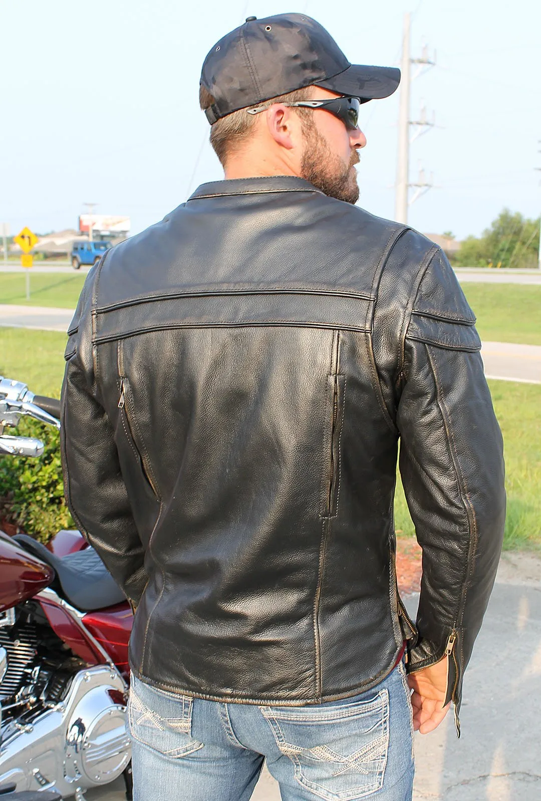 Vintage Leather Vented Motorcycle Jacket w/Concealed Pockets #MA6037VZN