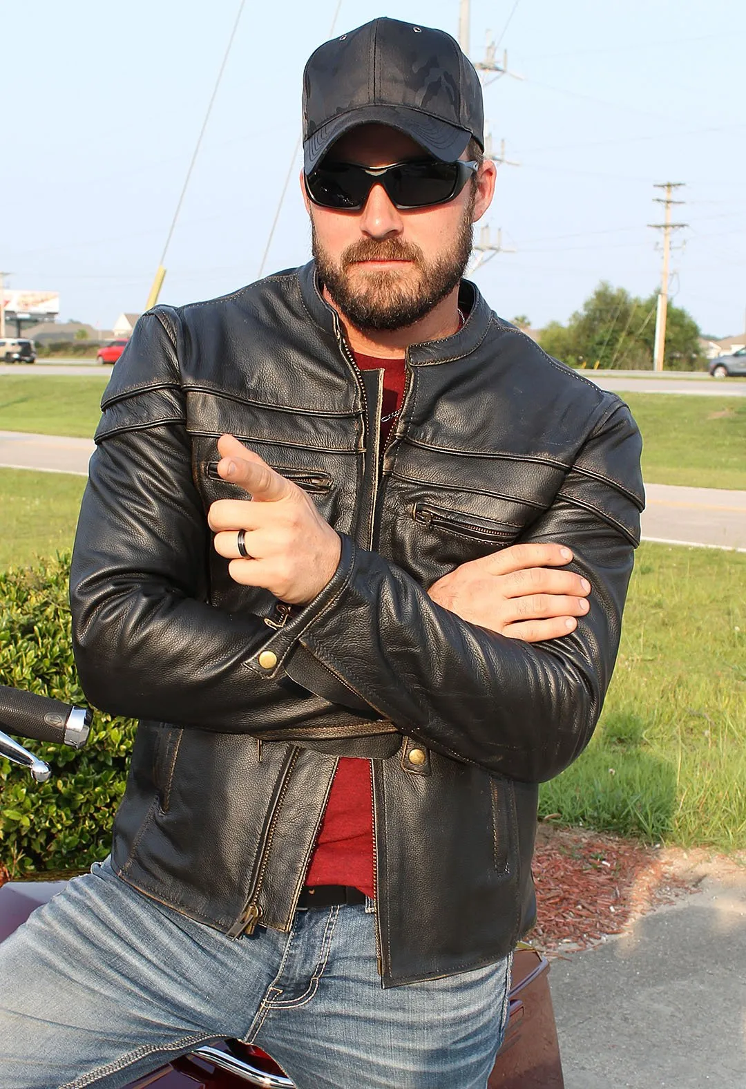 Vintage Leather Vented Motorcycle Jacket w/Concealed Pockets #MA6037VZN