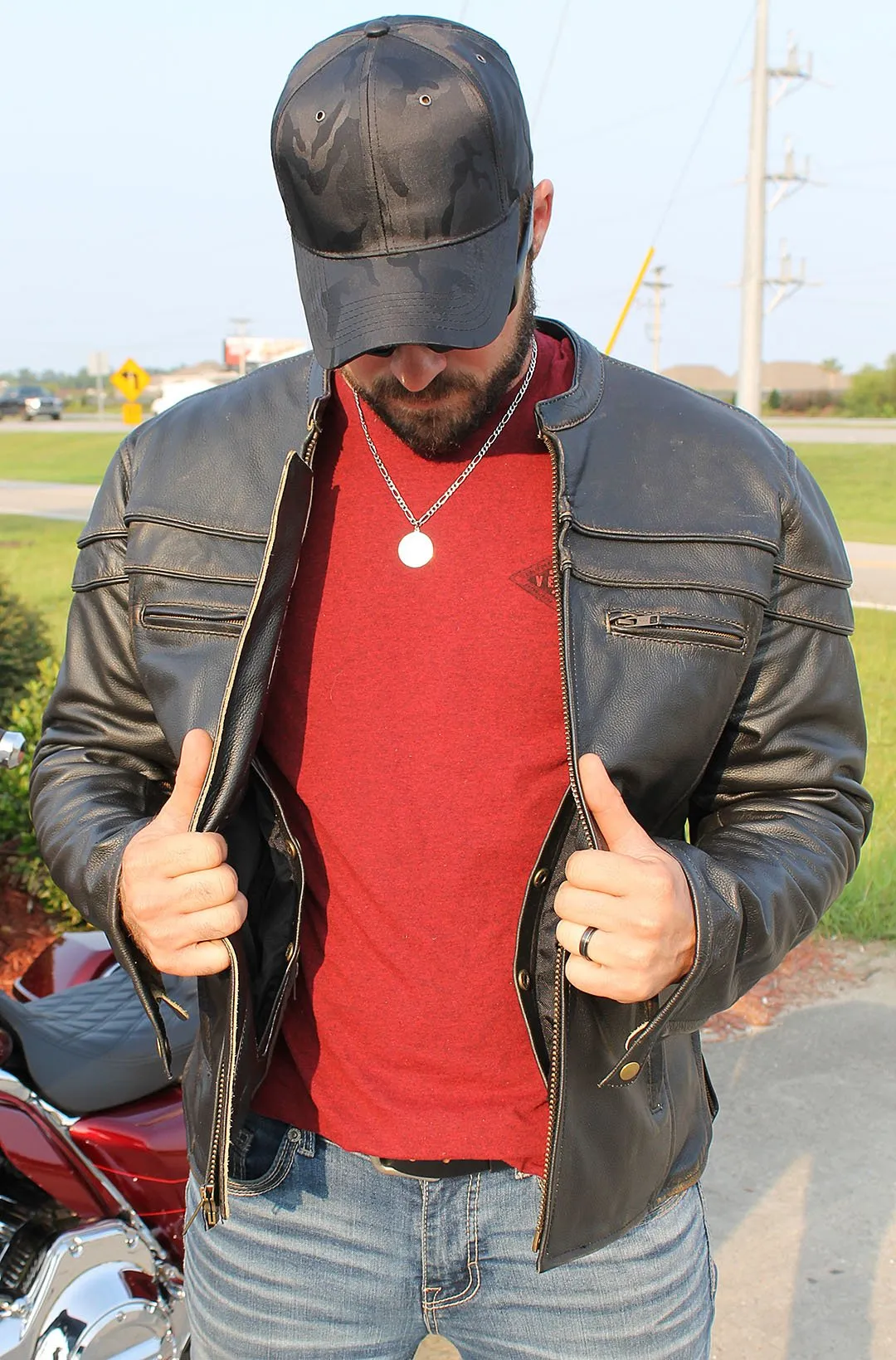Vintage Leather Vented Motorcycle Jacket w/Concealed Pockets #MA6037VZN