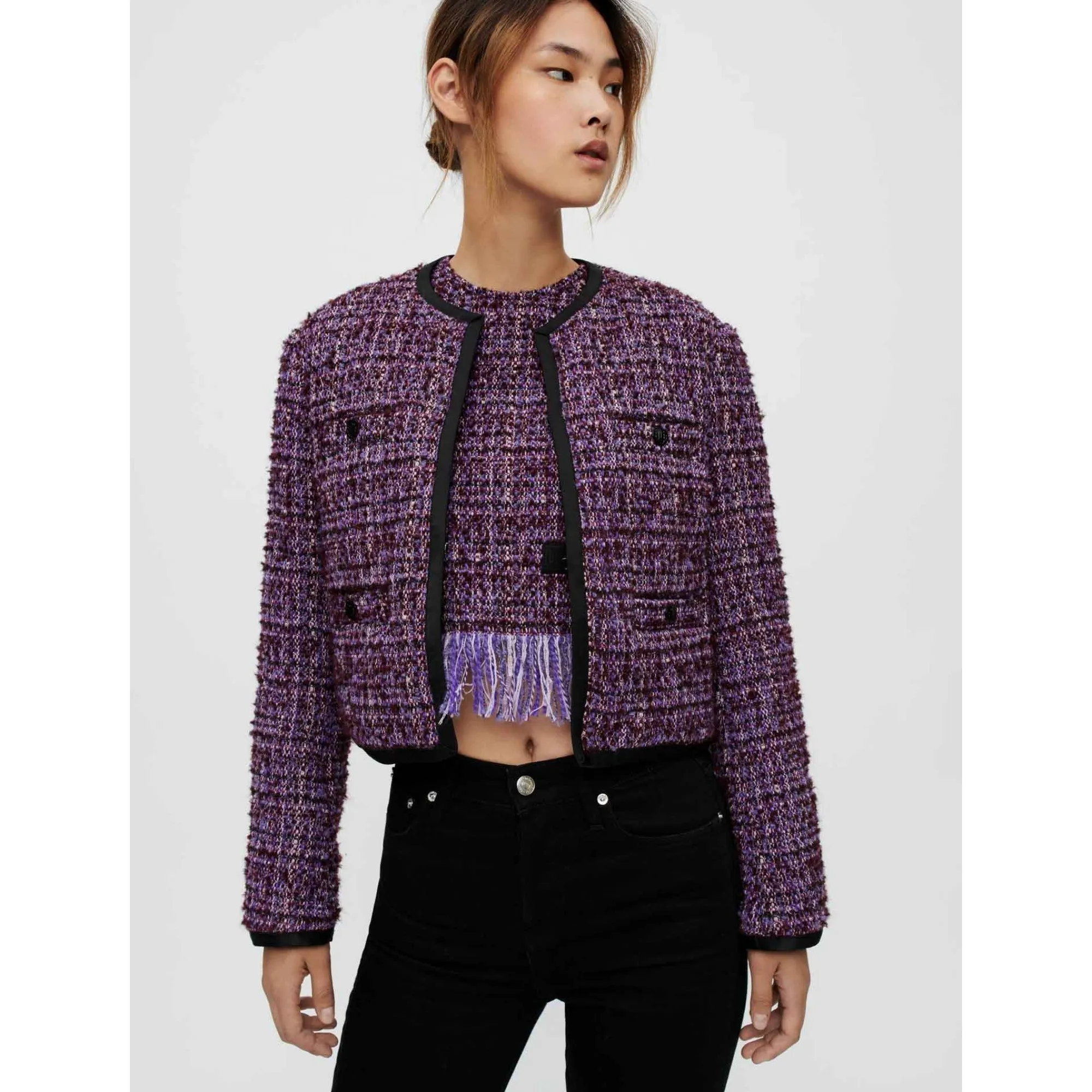 Women Purple Quilted Tweed Jacket - Purple